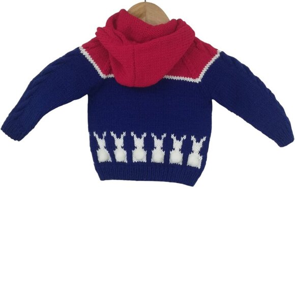 Vintage Hand Knit Bunny Cardigan Sweater Size 24M? Hood Zip Up Bobble Handmade - Picture 8 of 10